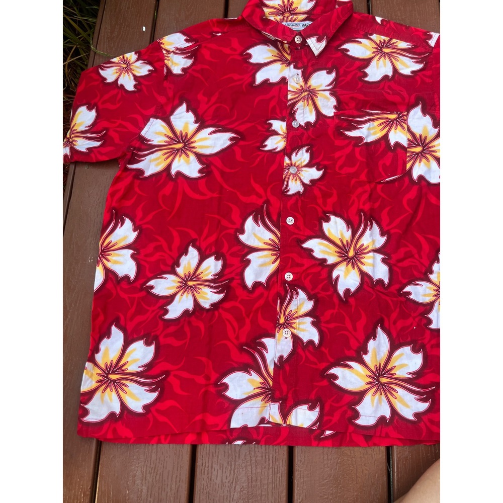 Mens Red Floral Hawaiian Shirt Short Sleeve Hibiscus Button Down XL ((168)